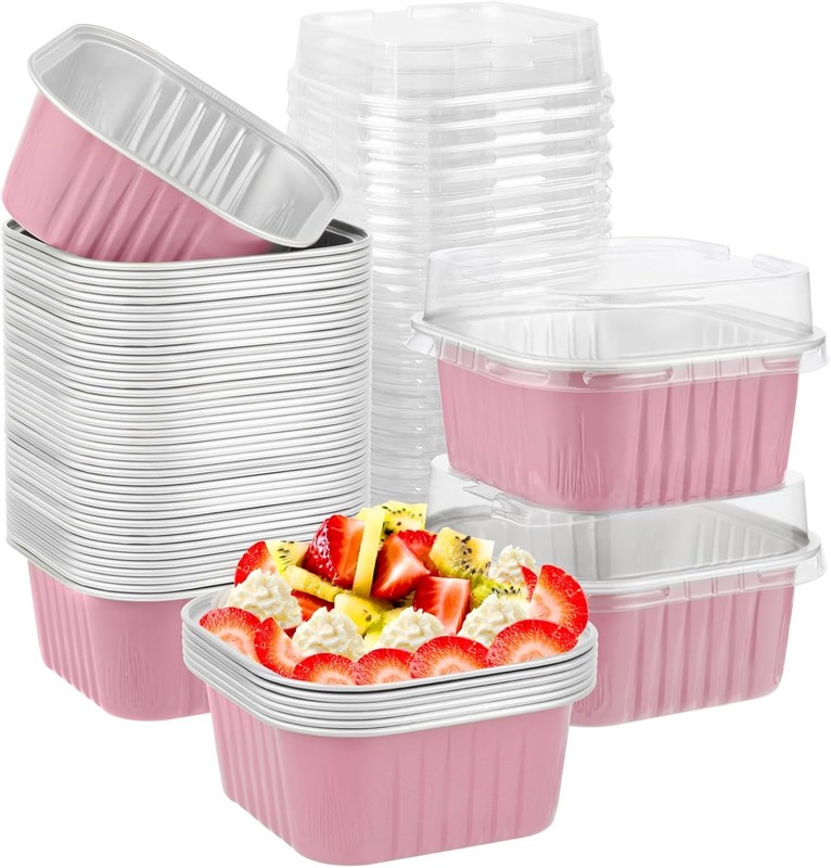 50 Pcs Aluminum Foil Mini Square Baking Cups W/ Lids,5oz Disposable Ramekins