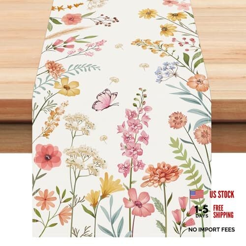 Spring Floral Table Runner 13x72 Inch Pink Flowers Green Floral-3 13"W x 72"L
