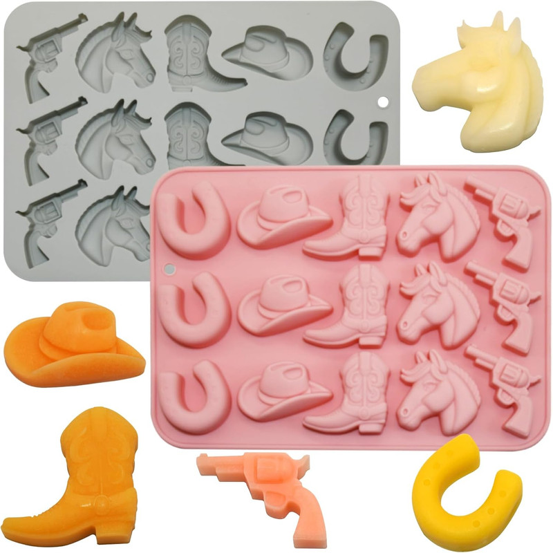 2 Packs Cowboy Chocolate Mold, 15-Cavity Cowboy Hat Boot Horse Saddle Silicone C