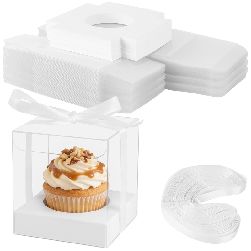 70 PCS Clear Cake Boxes 3.5 Inch Individual Plastic Cupcake Box with Ribbons