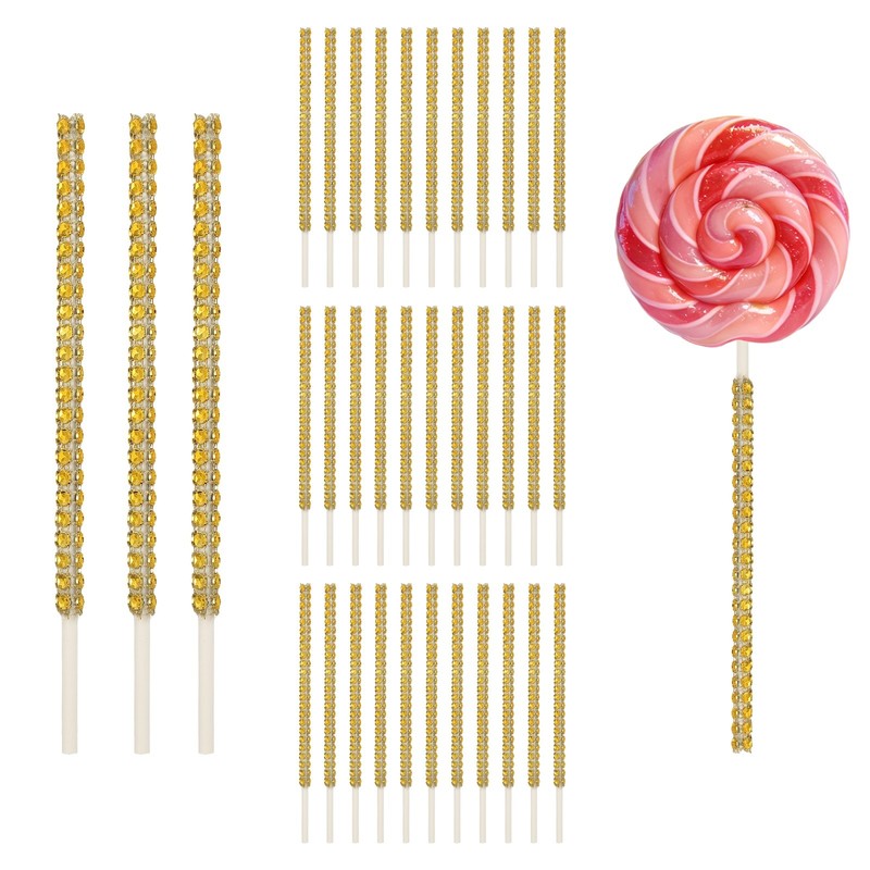 36 Pcs Bling Cake Lollipop Sticks, Glitter Rhinestone Lollipop Sticks, Gold