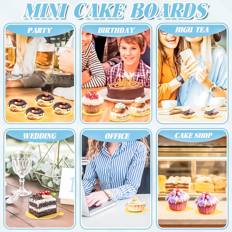 200 PCS 3.15 Inch Mini Cake Boards Gold Round Dessert Base Cardboard Plates gallery