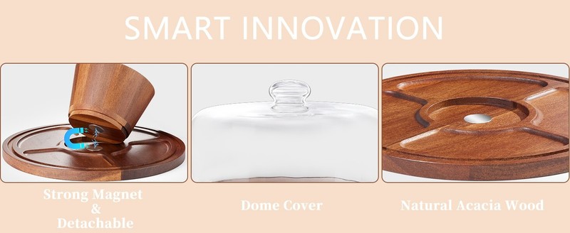 Wooden Cake Stand wLid Acacia Cake Stand Glass Dome, 11" Versatile Dessert Stand gallery