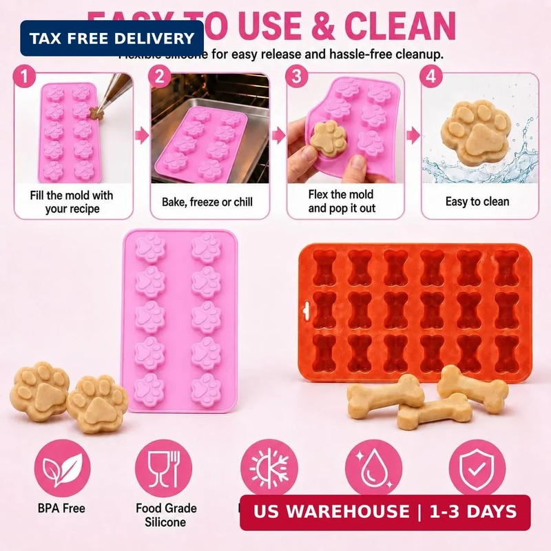Dog Treat Mold Silicone 2 Pack, Paw Print and Bone Silicone Molds for Homemade D gallery