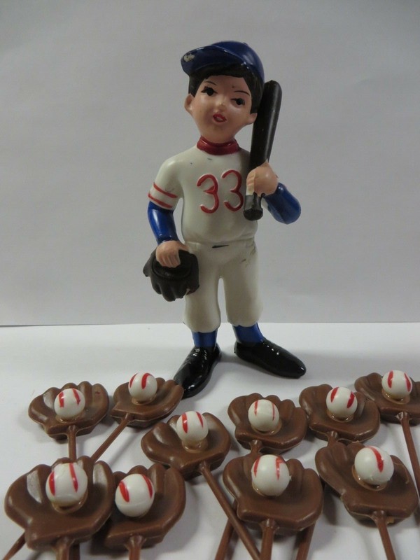 Vintage Lot Wilton BASEBALL PLAYER Cake Topper MITT & BALL Cupcake Picks Retro gallery
