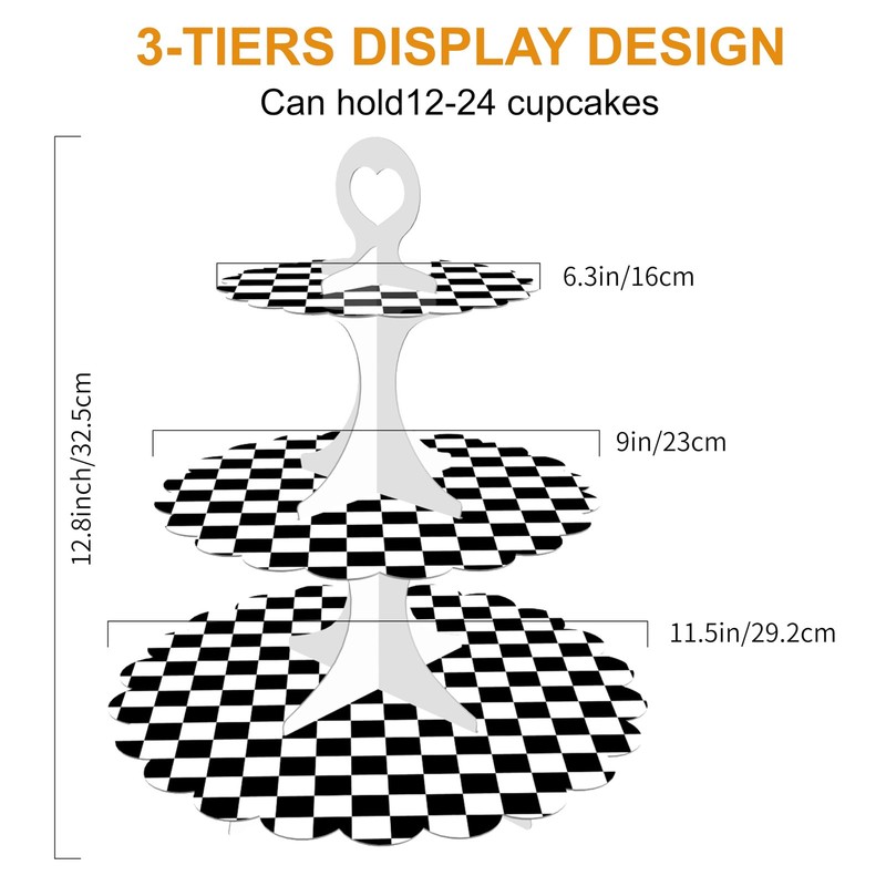 3-Tier Racing Theme Cupcake Stand,Cars Theme Decoration,Black White Checkered... gallery