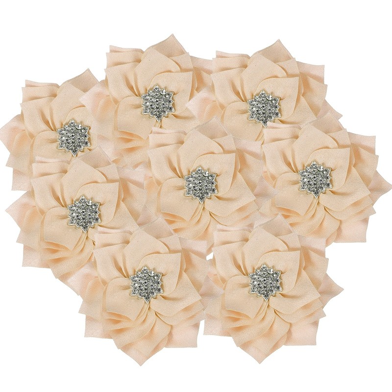 3 Inch 10 Pcs Rhinestone Pearl Chiffon Flower, Khaki