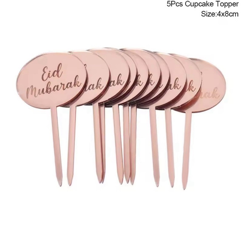 Rose Gold Eid Mubarak Silver Cupcake Toppers – Pack of 5 Party Celebrate