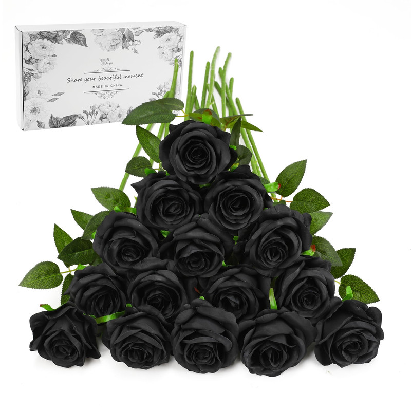 Florralia Black Fake Roses Artificial Flowers – 16 Pcs Fake Artificial Roses