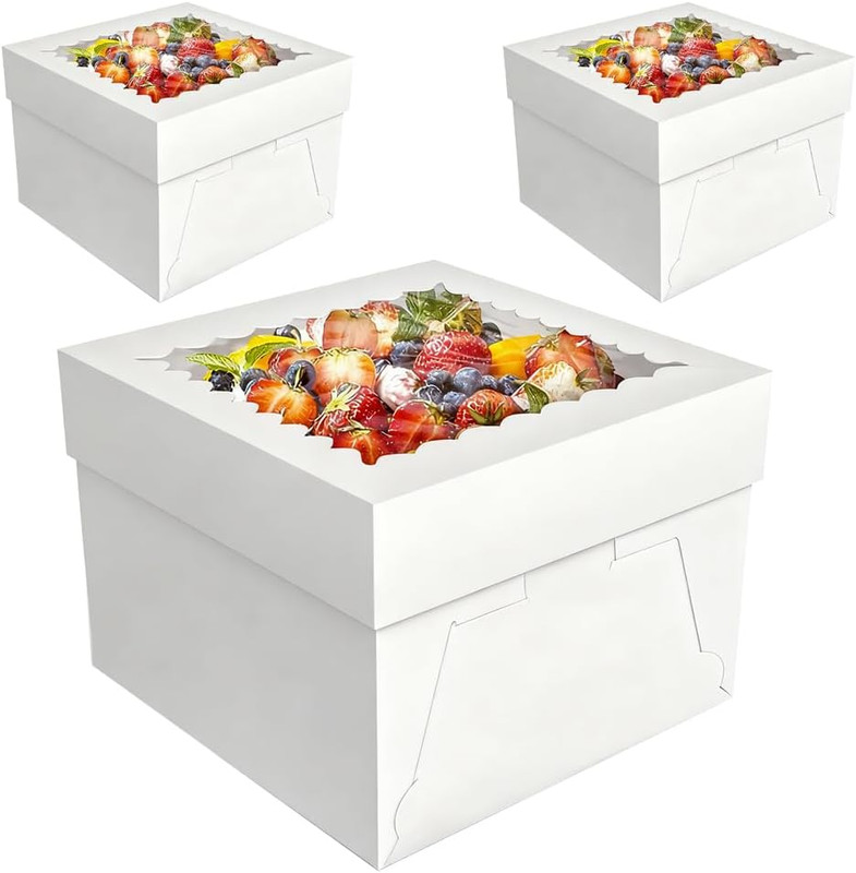 3 Pack 10x10x8 Inch White Cake Boxes with Window and Lids – Disposable Bakery Bo