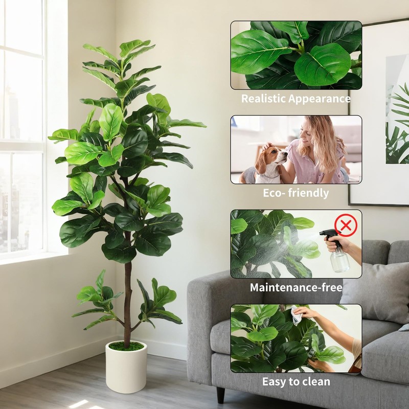 Pepeuni 5Ft Artificial Fiddle Leaf Fig Tree White Planter Fake Moss Realistic gallery