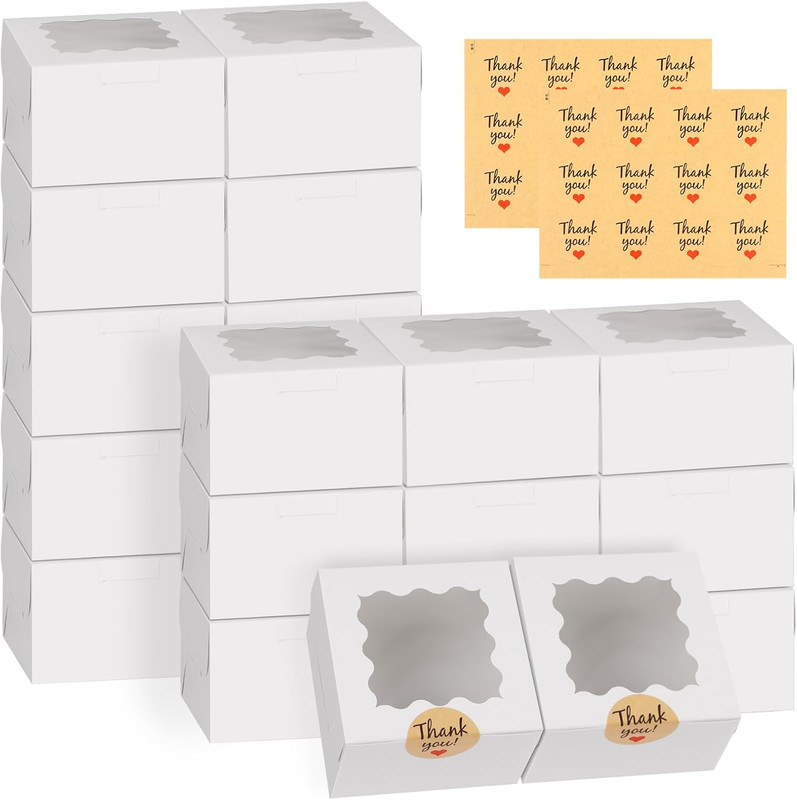 24 Pack White Cookie Boxes 4x4x2.5 Bakery Gift Boxes with Window Stickers