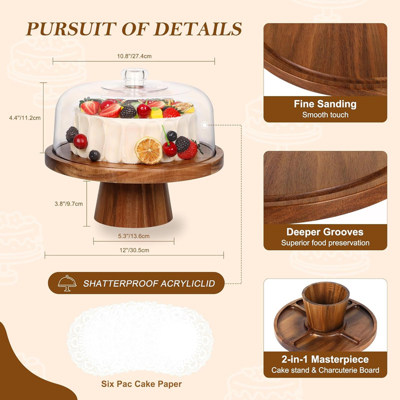 Bellsal Wooden Cake Stand with Lid, Acacia Cake Stand with Plastic Dome, 12-Inch gallery