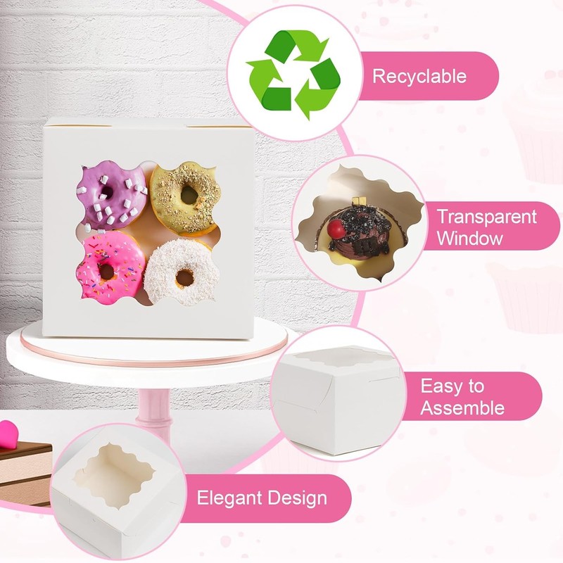 26pcs White Cookie Boxes with Window, 4x4x2.5 Inches Small Bakery Boxes with gallery
