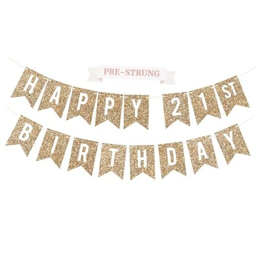 Pre-strung Happy 21st Birthday Banner – No DIY – Gold Glitter 21st Birthday
