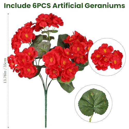 Artificial Flowers for Outdoors, 6 Bundles Realistic Silk Fake 6PCS Bright Red gallery