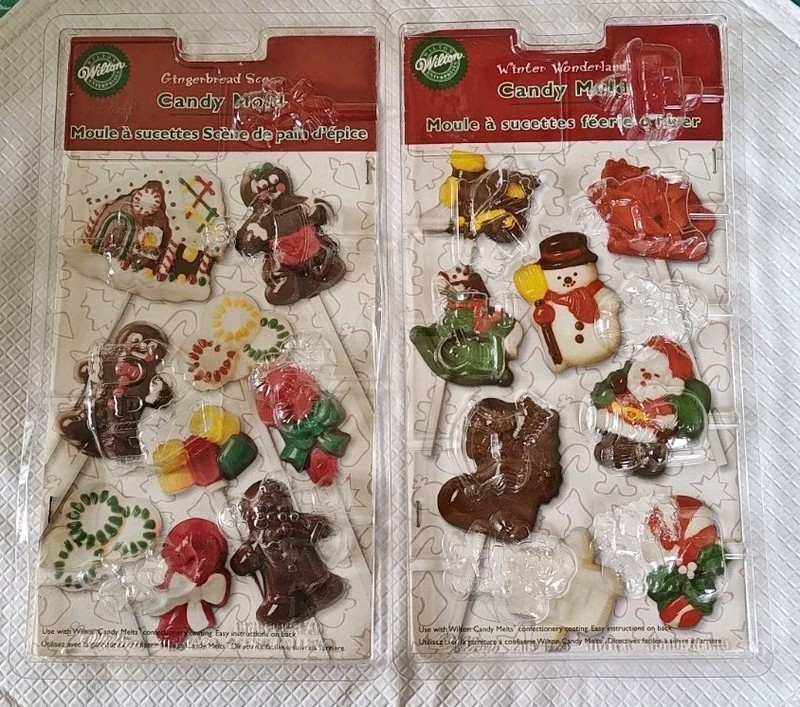 Wilton Candy Molds-2 Plastic-Winter Wonderland & Gingerbread Scene-Lolipop-NOS
