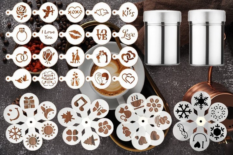 Magnoloran 45 Coffee Stencils+2 Mesh Powder Shakers, Cake Baking Templates Co...