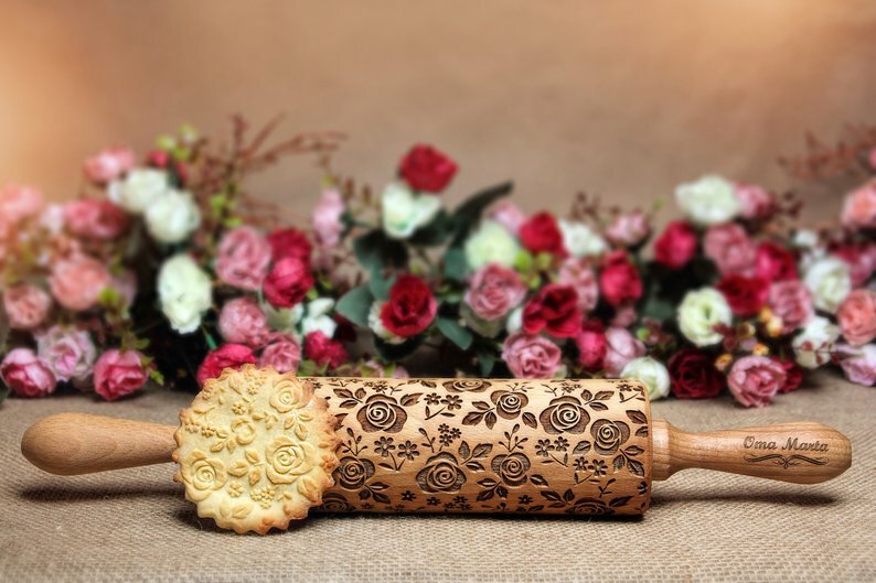 Rose Clay Textured Embossed Rolling pin Springerle cookie mold Dough roller gallery