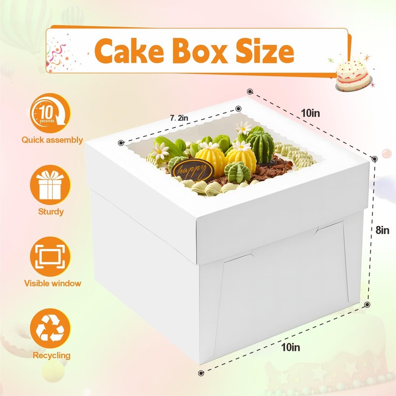 3pcs Cake Boxes, 10x10x8 Inch Cake Box With Viewing Window and Cake Board and... gallery
