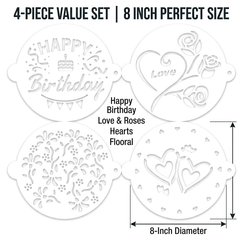 Cake Stencils Set 4 Templates - Happy Birthday, Love, Hearts, Floral - Reusab gallery