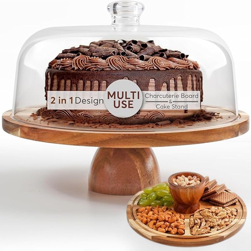 2-in-1 Acacia Wood Cake Stand W/ Lid Cake Stand W/ Acrylic Dome Light Weight