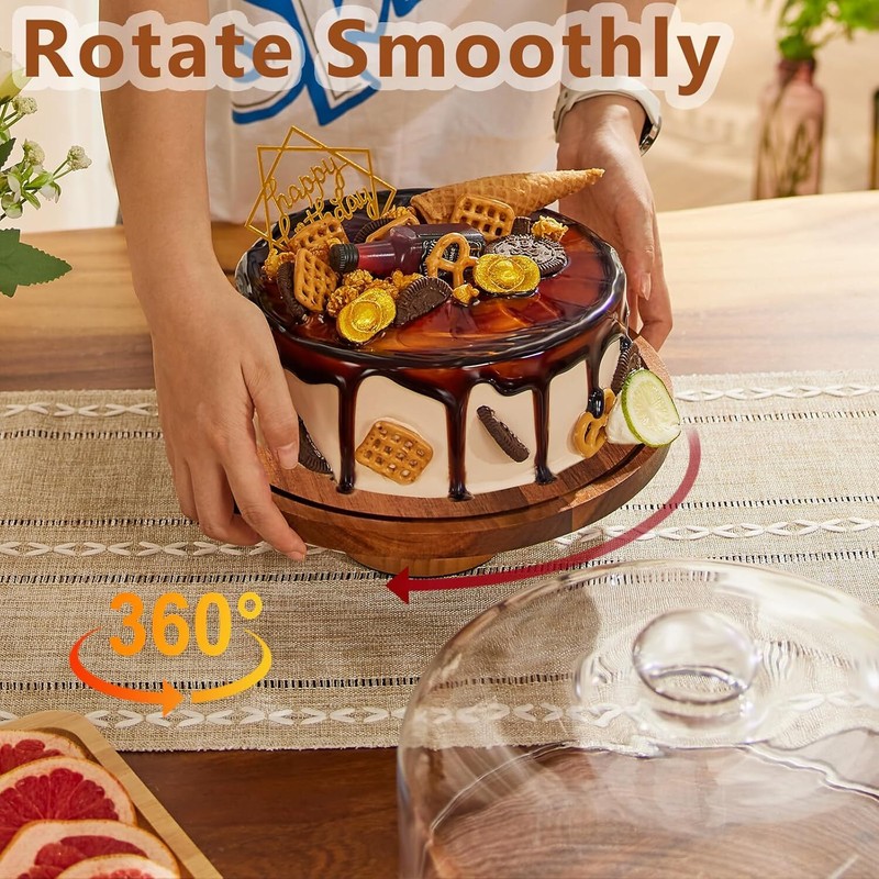 Glass Cake Stand with Lid,11in Wooden Rotating Cake Stand with Dome Cover gallery
