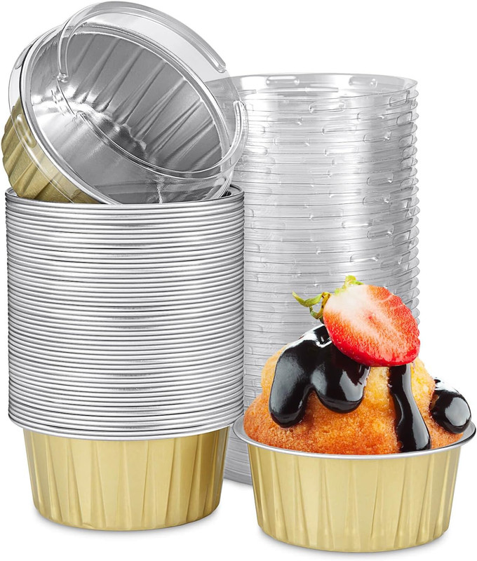 50 moldes de aluminio desechables con tapas moldes para magdalenas y muffins oro