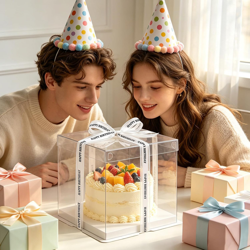 6 Pack Clear Cake Box with Ribbon - 10 X 10 X 9.75 Inch Tall PET Cake Carrier Bo gallery