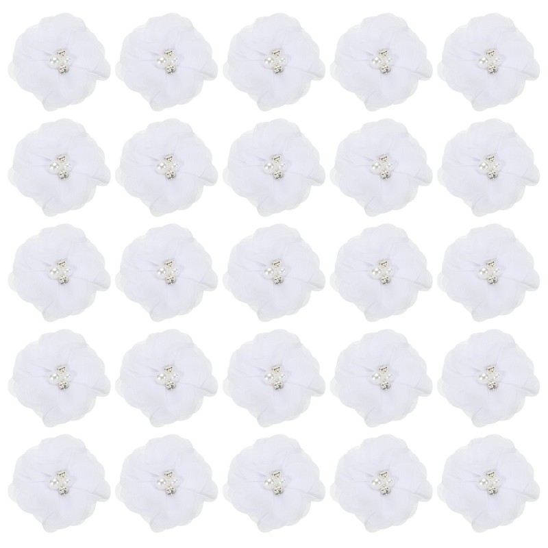 30Pcs 2″ Chiffon Flowers with Rhinestone Pearl Appliques Embellishments White
