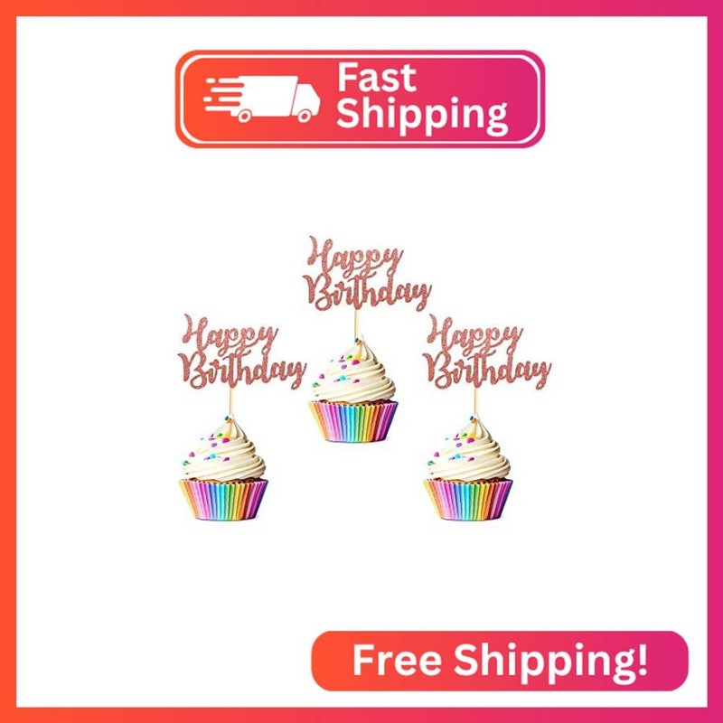 Arthsdite Pack of 48 Pre-Assembled Rose Gold Glitter Happy Birthday Cupcake Topp