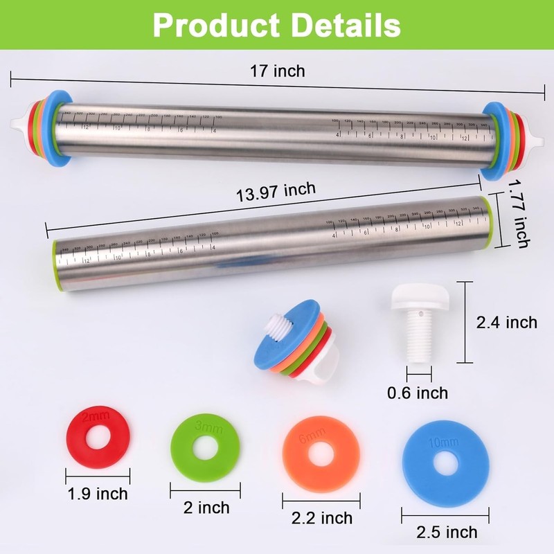 Adjustable Rolling Pin with Thickness Rings for Baking, Stainless Steel Desig... gallery