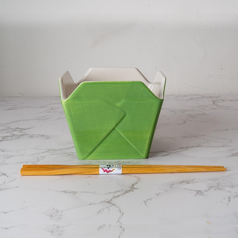 Chinese Takeout Box Style Porcelain Bowl With Chopsticks 18 fl oz Square Shap... gallery