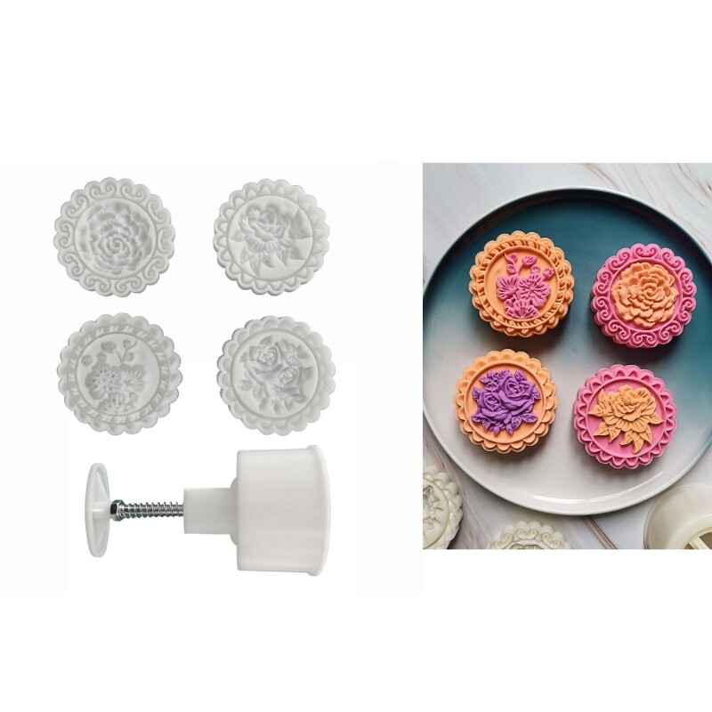 Moon Cake Mold with 4 Seals- Rose Peony Plum Blossom- Mold Set Pressed Cookie gallery