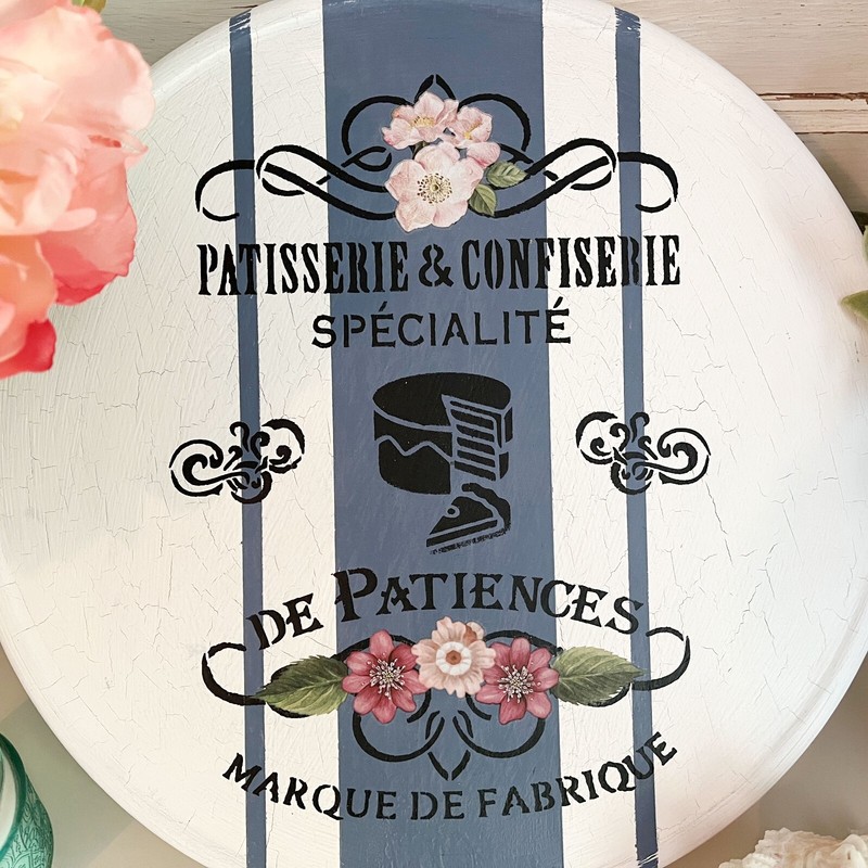 French Country Patisserie & Roses Cake Plate / Stand Riser Grain Sack Stripe gallery