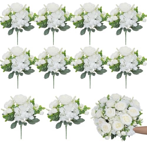 10 Bundles Artificial Peonies Hydrangea Artificial Flowers Silk Milky White