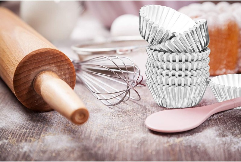 400 Pieces Mini Foil Cupcake Liners, Metallic Baking Cups, Disposable, Silver, gallery
