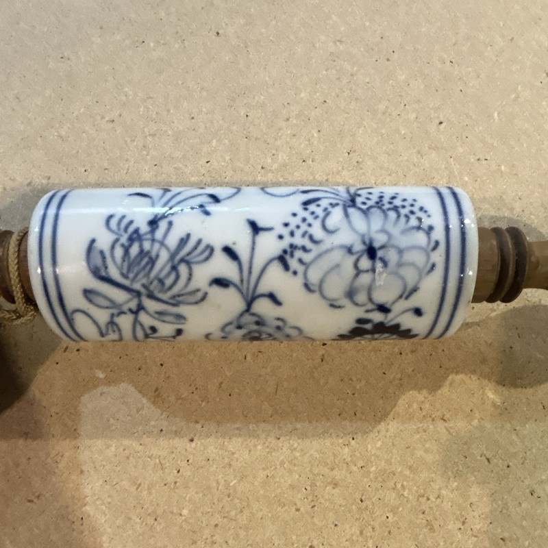 Blue & White Floral Ceramic Rolling Pin w/ Wooden Handles, 6 in gallery