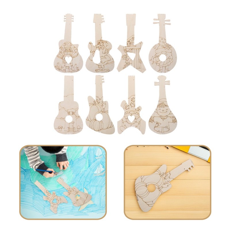 8 Pcs Handmade Wood Guitar Ornament Electric Cutout DIY Craft Project