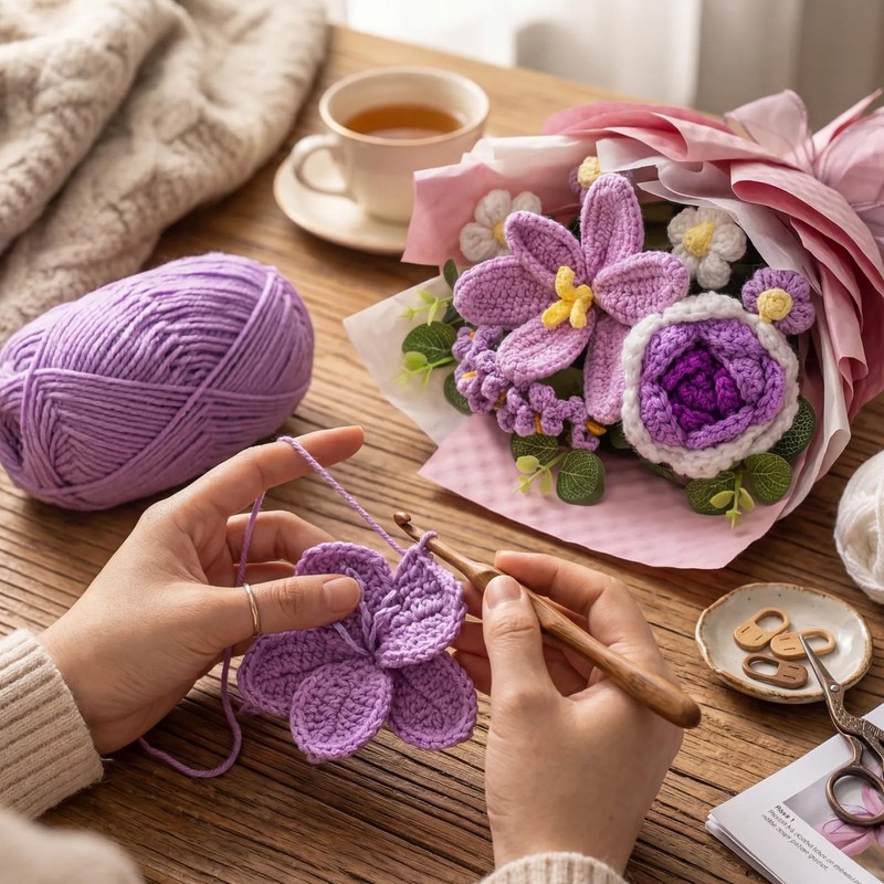 Busymouth Crochet Flower Bouquet Purple Handmade Knitted Flowers Lily And Rose gallery