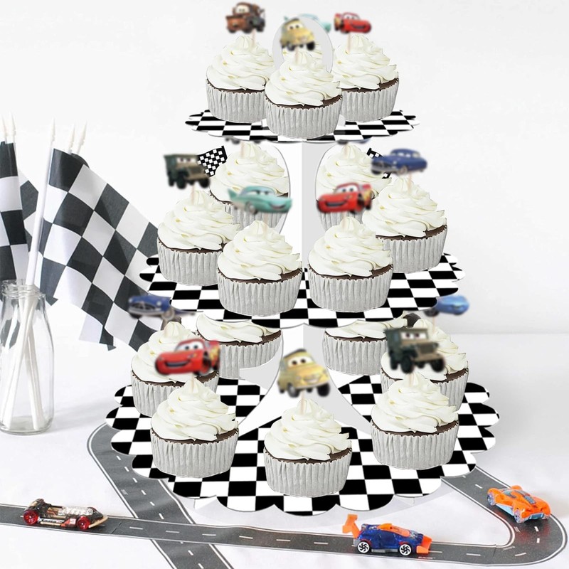 3-Tier Racing Theme Cupcake Stand,Cars Theme Decoration,Black White Checkered... gallery