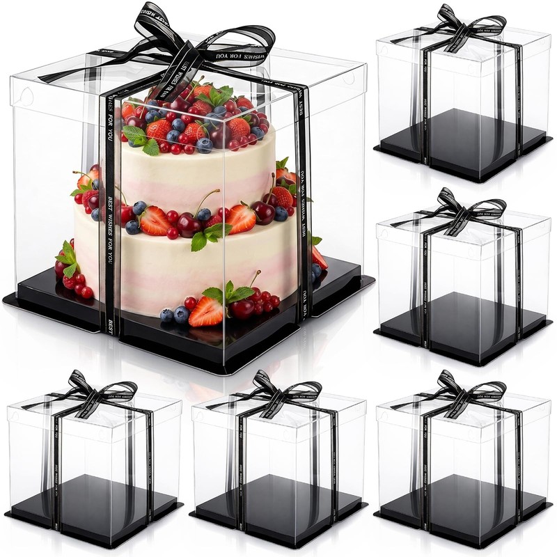 6 Pack Clear Cake Box with Ribbon, 2-Layer Tall Cake Carrier Box, Packaging B…