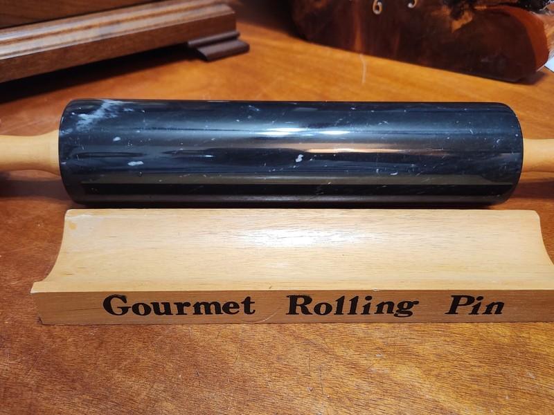 Vintage Black Marble Gourmet Rolling Pin Wooden Stand Beautiful EUC 18"x2.5" gallery