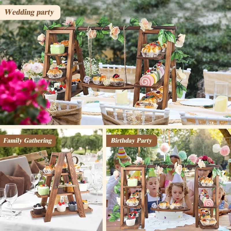 Wooden 3 Tier Cupcake Stand W/ Swing & Flower Decoration Serving Removable Tray gallery