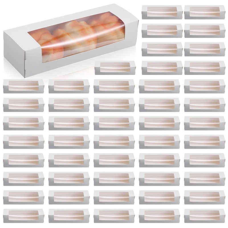 Roll Cake Boxes 8.66×2.8×1.97 Inch White Bakery Window Pastry 50 PCS Set