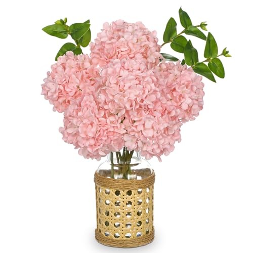 Pink Hydrangea Artificial Flowers in Woven Glass Vase with Pink-woven Vase
