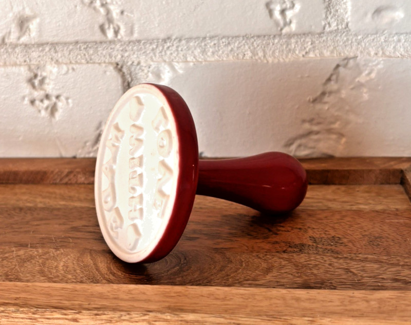 “Made With Love” Cookie Press Glazed Red Ceramic 3” Wide with Handle gallery
