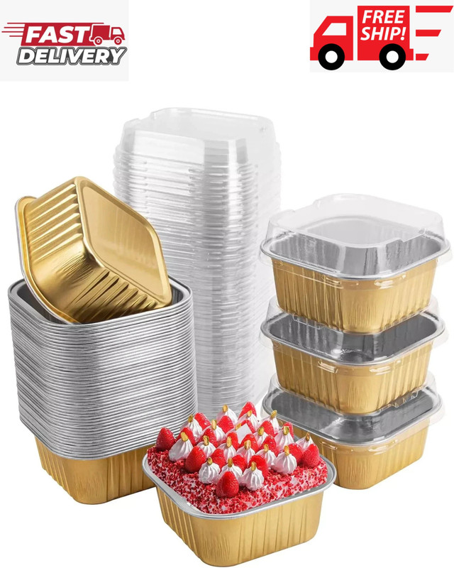 50 Pcs Mini Square Baking Cups with Lids,5Oz Aluminum Foil Mini Cake Pans with L