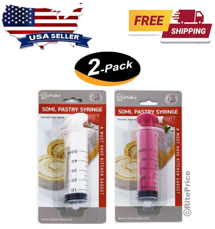 50ML INJECTABLE PASTRY SYRINGE With Metal Needle For Measuring Nutrient (2 Pack)