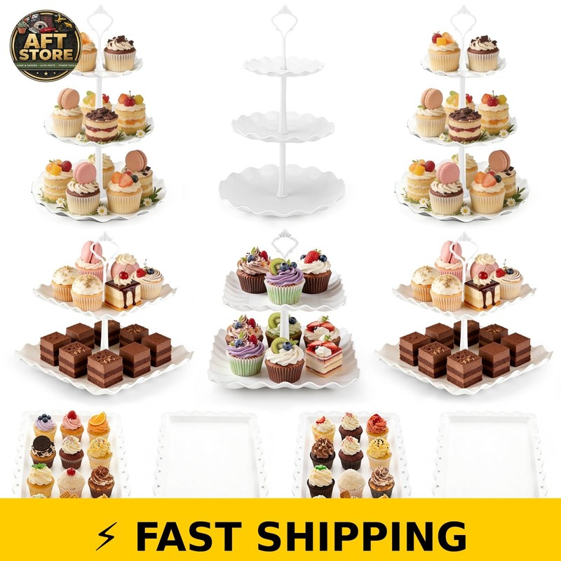 TINANA 10 PCS Plastic Cake and Cupcake Stand Set – White